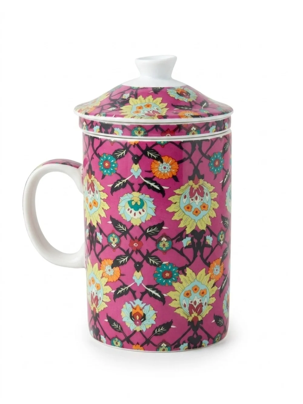WORLD MARKET Pink Floral Ceramic Tea Mug with Infuser and Lid
